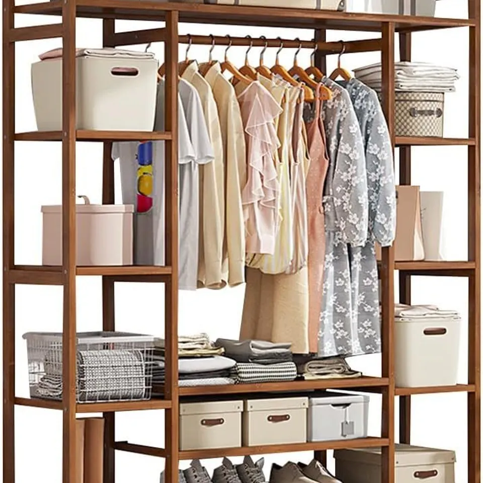 BOXED CLOTHES HANGING RACK, FREE STANDING COAT STAND, BEDROOM HANGING RAIL WITH SHOE STORAGE SHELF, STURDY DURABLE, FOR SHIRTS BAGS SCARVES