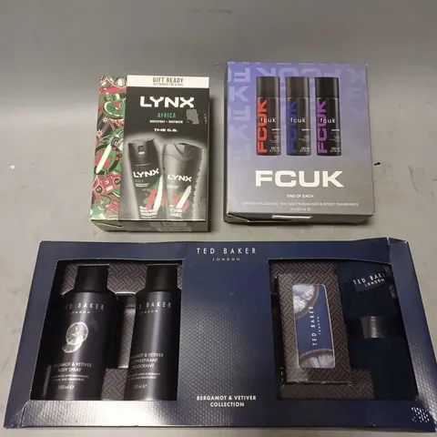 LOT OF 3 ASSORTED COSMETIC BOXSETS TO INCLUDE - TED BAKER BERGAMONT & VETIVER COLLECTION - FCUK FRAGRANCE COLLECTION - LYNX AFRICA BODY COLLECTION