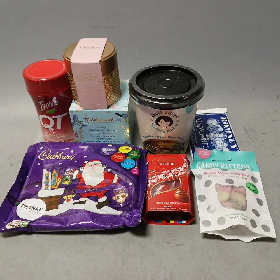 TOTE OF ASSORTED FOOD AND DRINK ITEMS TO INCLUDE LINDOR, RAMEN AND HOTEL CHOCOLAT