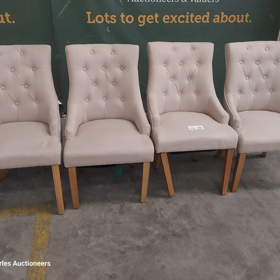 SET OF FOUR UPHOLSTERED BUTTONED BACK DINING CHAIRS BEIGE FABRIC ON NATURAL WOOD LEGS 