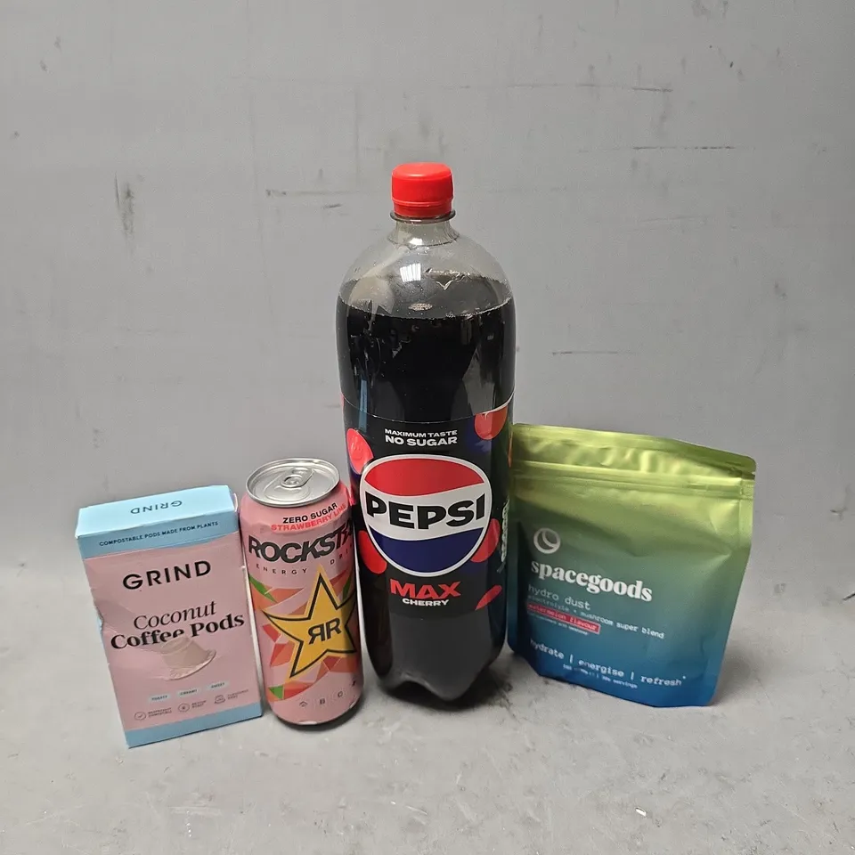 APPROXIMATELY 10 ASSORTED FOOD & DRINK ITEMS TO INCLUDE - PEPSI MAX CHERRY , GRIND COCONUT COFFEE PODS , SPACEGOODS HYDRO DUST ETC