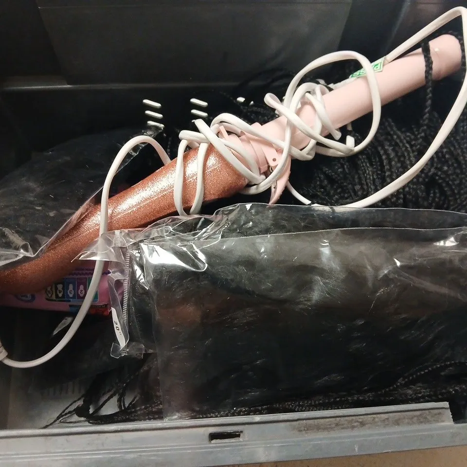 APPROXIMATELY 5 ASSORTED HAIR ACCESSORIES TO INCLUDE EXTENSIONS, CURLER, ETC