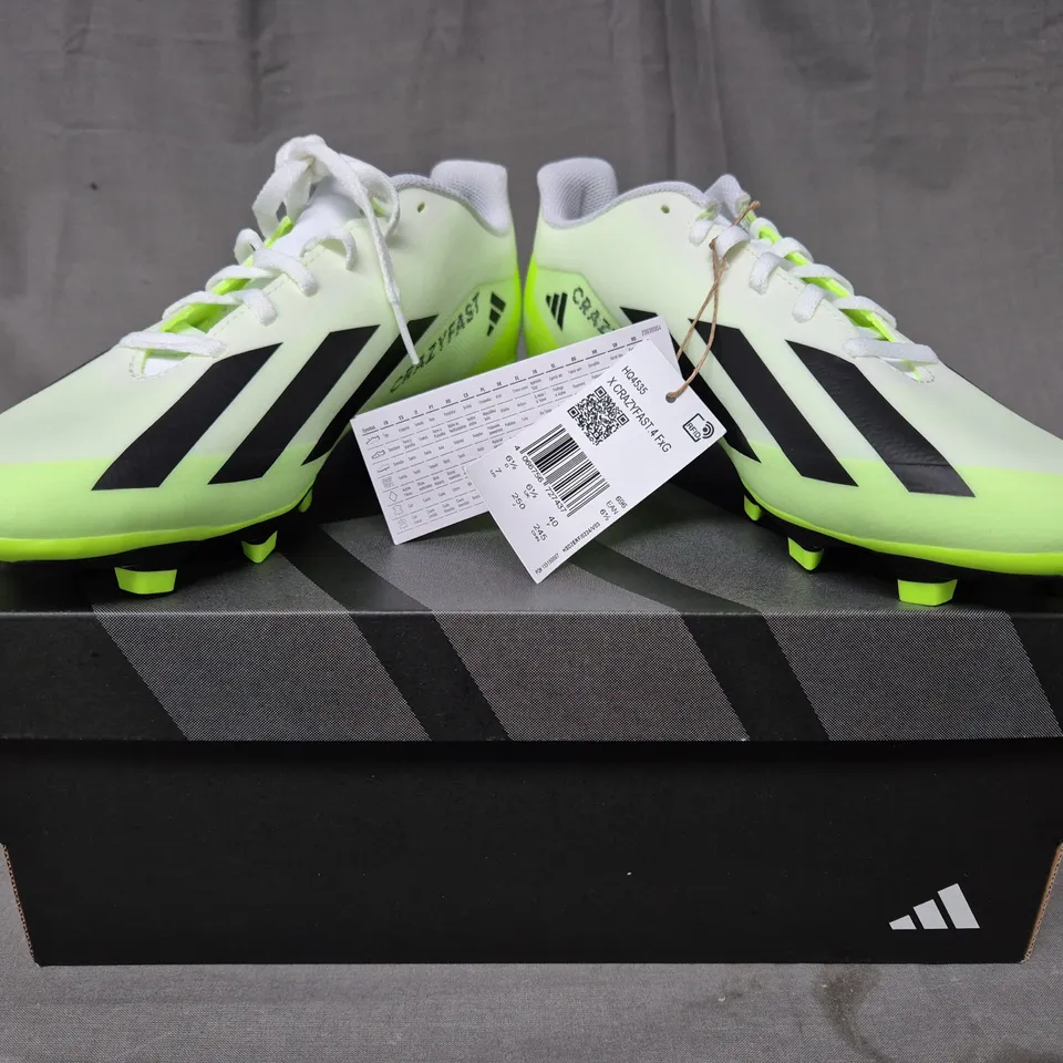 BOXED PAIR OF ADIDAS X CRAZYFAST.4 FOOTBALL BOOTS IN LIME/WHITE/BLACK UK SIZE 6.5