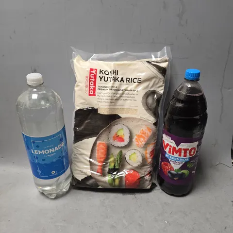 APPROXIMATELY 3 ASSORTED FOOD & DRINK ITEMS TO INCLUDE - KOSHI YUTAKA RICE , VIMTO , AMAZON LEMONADE