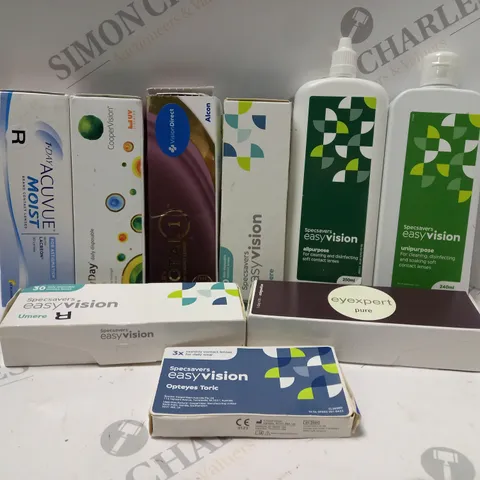 BOX OF APPROX 25 ASSORTED CONTACT LENSES AND CONTACT LENSE SOLUTIONS