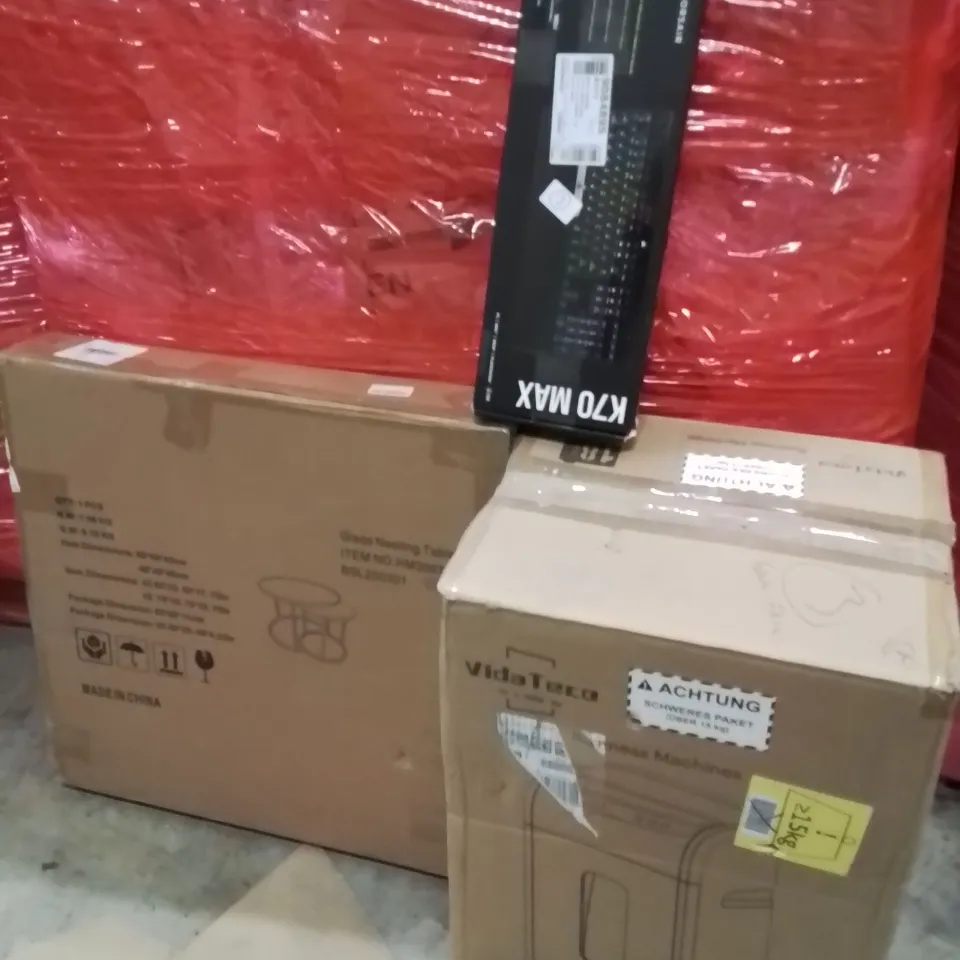 PALLET OF ASSORTED HOUSEHOLD GOODS AND PRODUCTS TO INCLUDE;PAPER SHREDDER,GLASS NESTING TABLE,KEYBOARD 