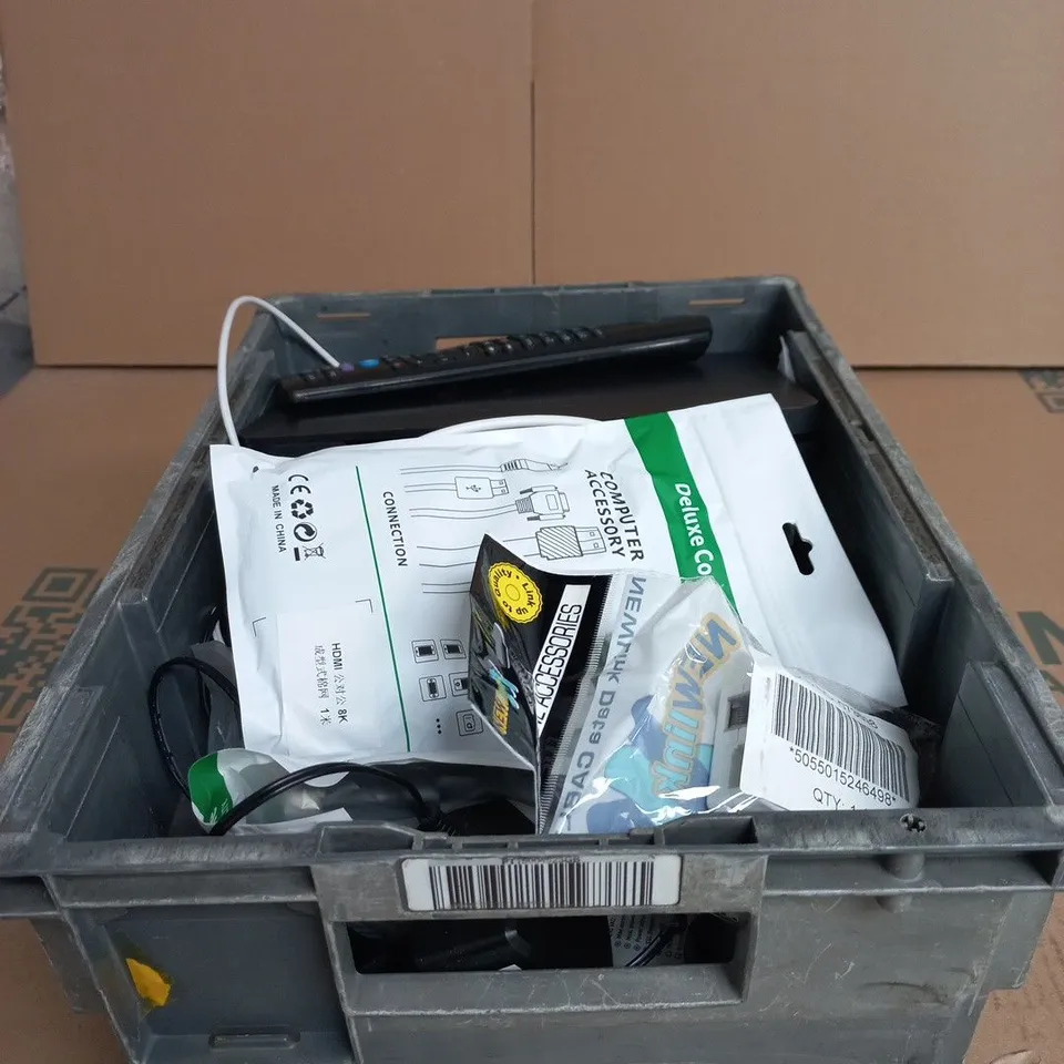 TOTE OF APPROXIMATELY 15 ASSORTED ITEMS TO INCLUDE SKY HUB, CABLES, REMOTE CONTROL ETC