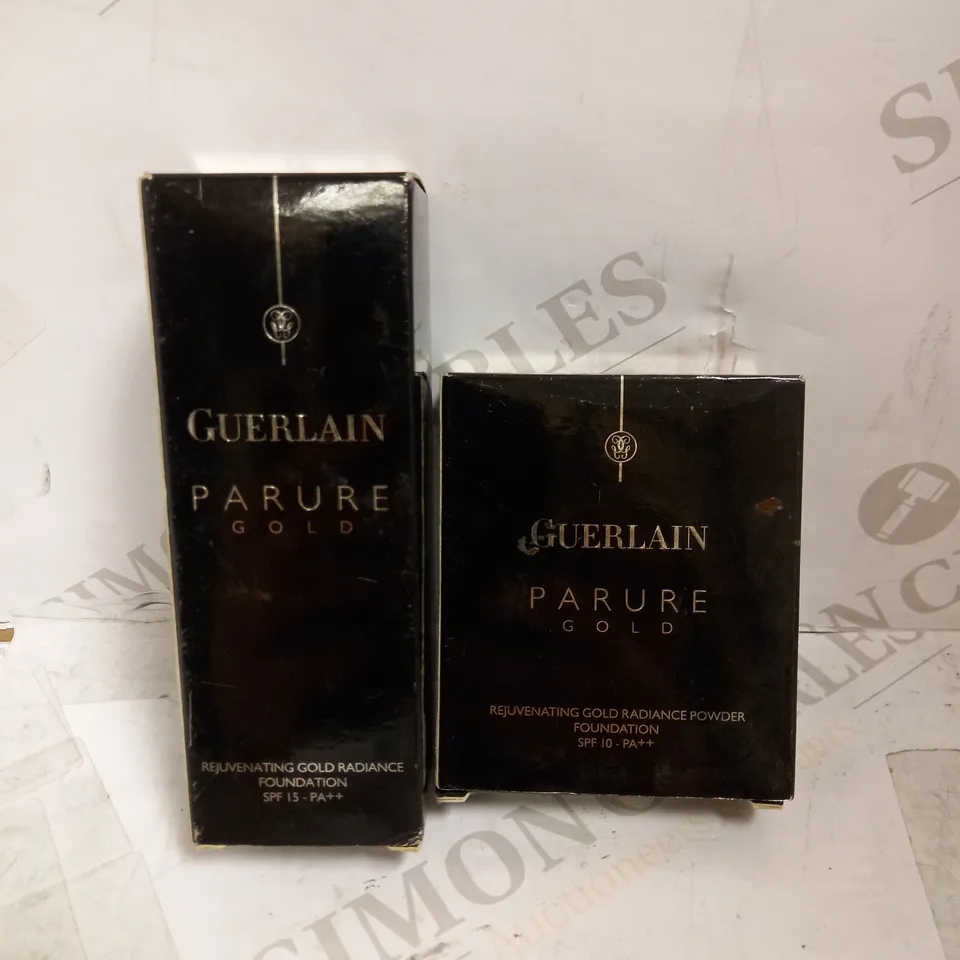 LOT OF 2 GUERLAIN PRODUCTS TO INCLUDE PARURE GOLD REJUVENATING RADIANCE FOUNDATION 30ML - 03 BEIGE NATURAL & POWDER FOUNDATION - 02 BEIGE CLAIR 