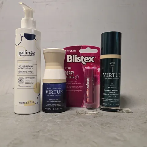 APPROXIMATELY 15 ASSORTED HEALTH & BEAUTY ITEMS TO INCLUDE - BLISTEX BERRY LIP BALM , VIRTUE RECOVERY SERUM , GALLINEE HYDRATING MILK ETC
