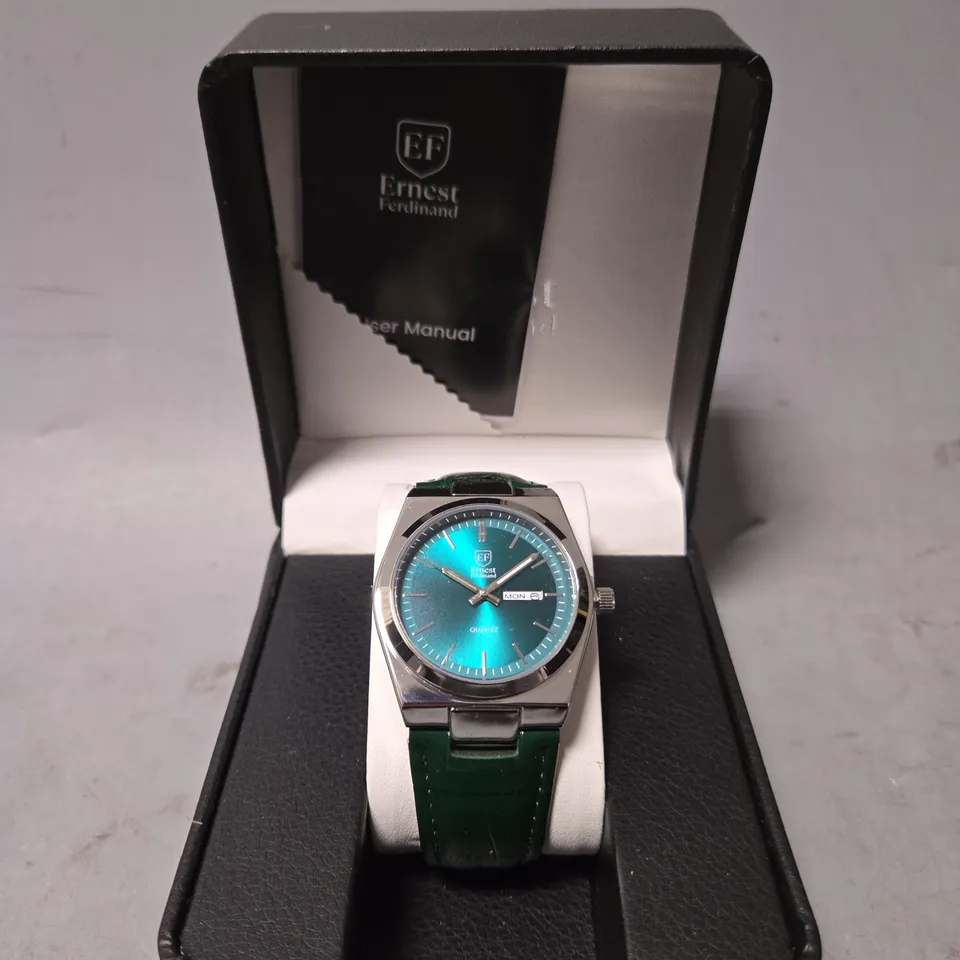 BOXED ERNEST FERDINAND QUARTZ SEA GREEN WATCH 