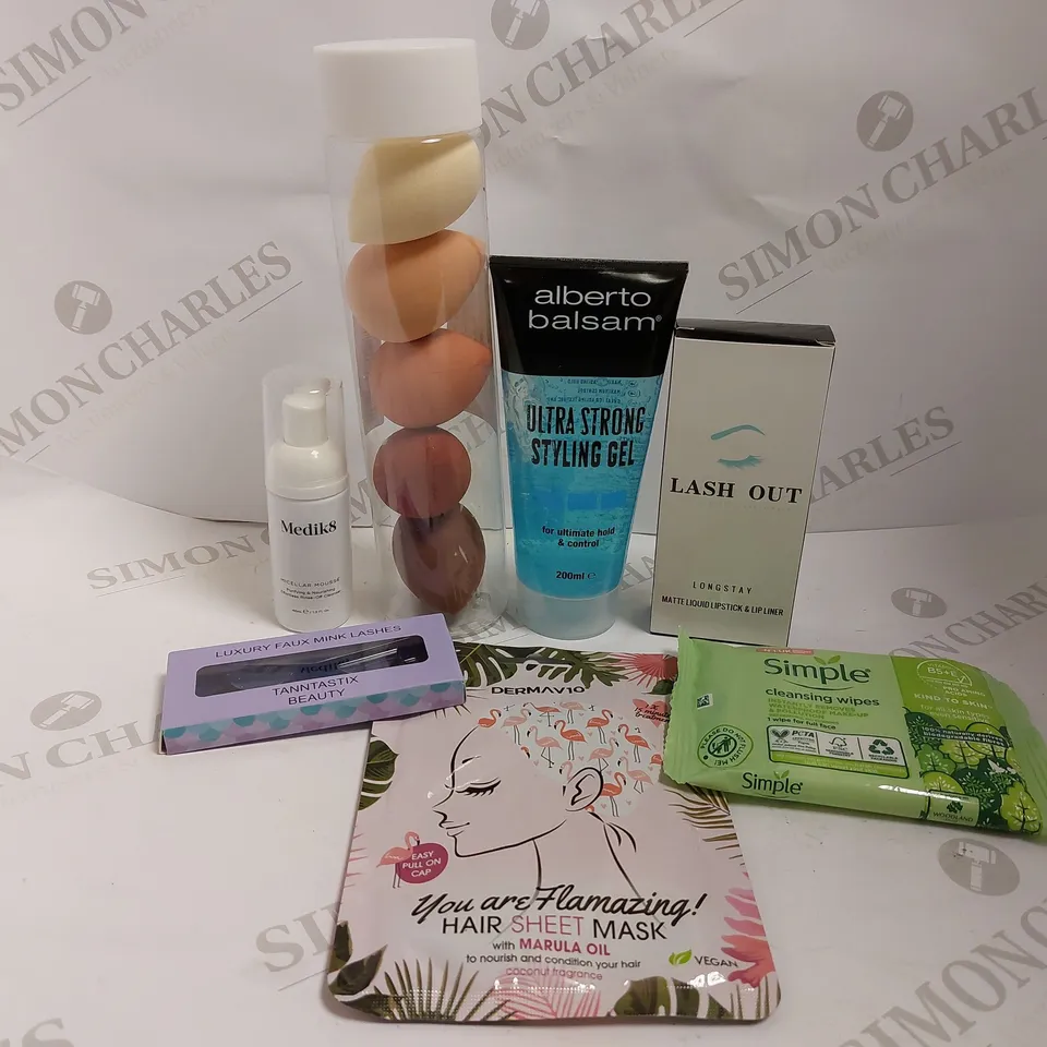 BOX OF APPROX 20 COSMETIC ITEMS TO INCLUDE ALBERTO BALSAM STYLING GEL, LASH OUT LIPSTICK AND MEDIK8 MICELLAR MOUSSE