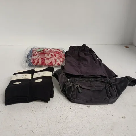 BOX OF APPROXIMATELY 30 ASSORTED CLOTHING ITEMS TO INCLUDE GLENMUIR SOCKS, DECATHLON SHORTS ETC