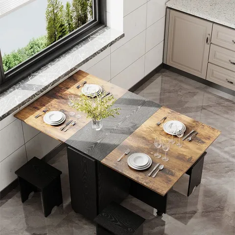 BOXED EXTENDABLE AND FOLDABLE DINING TABLE SET WITH 4 STOOLS AND WHEELS - BLACK (2 BOXES)