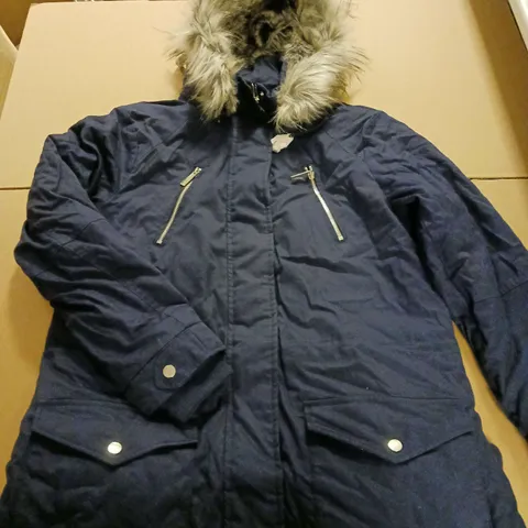 RUTH LANGSFORD LADIES COAT WITH FUR LINED HOOD BLUE SIZE S