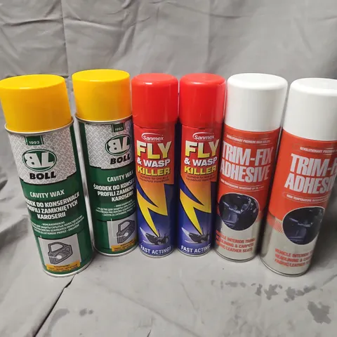 APPROXIMATELY 11 ASSORTED AEROSOLS TO INCLUDE TRIM-FIX ADHESIVE, FLY & WASP KILLER, BOLL CAVITY WAX, ETC - COLLECTION ONLY