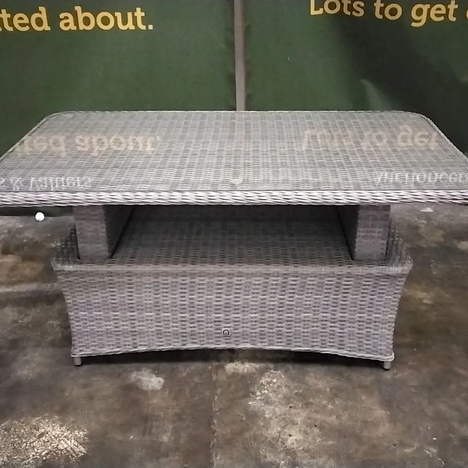 DESIGNER RATTAN EFFECT HEIGHT ADJUSTABLE GARDEN DINING TABLE WITH GLASS TOP 