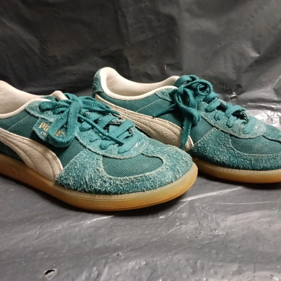 BOXED PAIR OF PUMA PALERMO TRAINERS IN TEAL SIZE UK 6