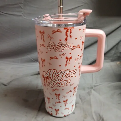 PLOUISE PINK TUMBLER WITH STRAW HEARTS AND BOWS DESIGN