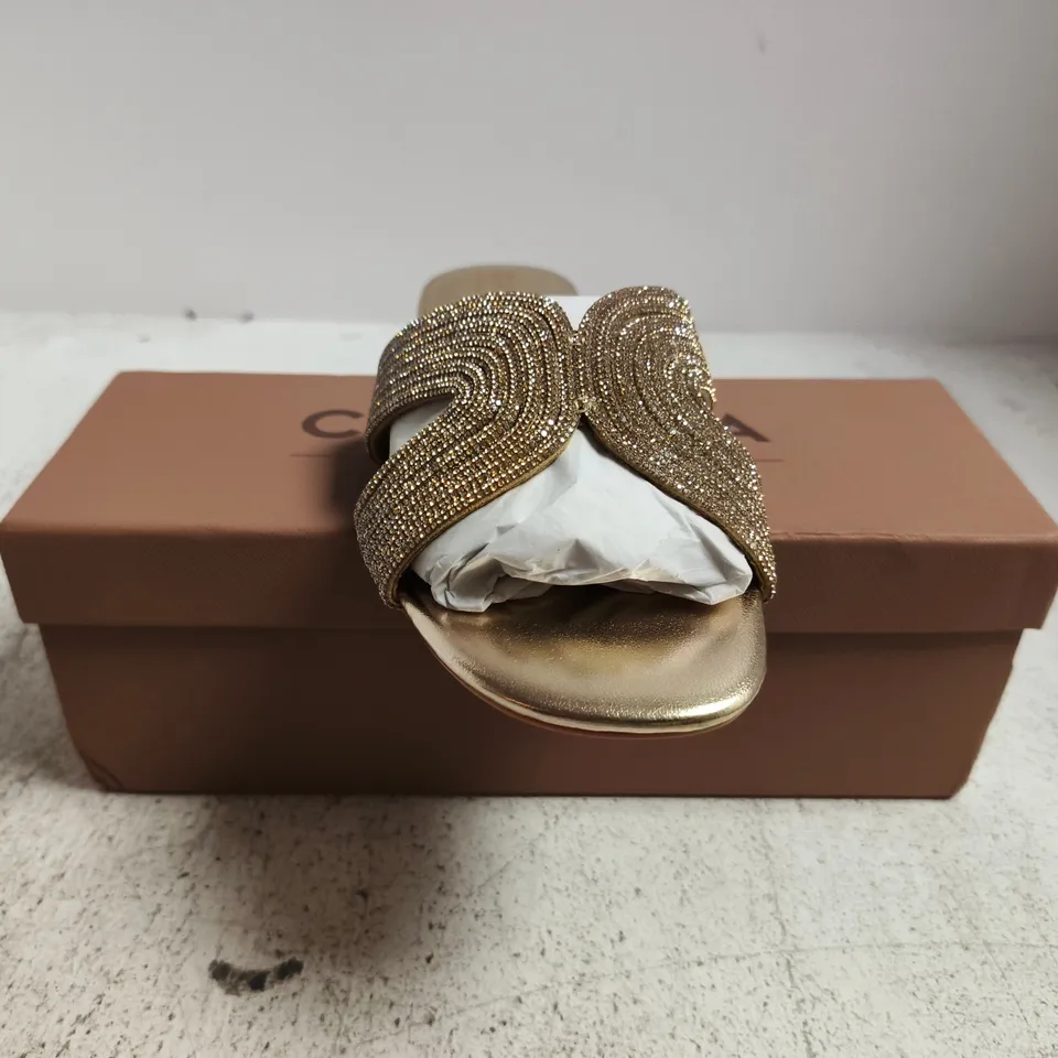 BOXED PAIR OF CARVELA GALA MULES IN GOLD W. JEWEL DETAIL SIZE EU 39
