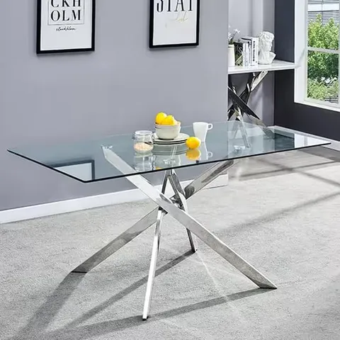 BRAND NEW BOXED DAYTONA LARGE CLEAR GLASS DINING TABLE WITH CHROME LEGS - 160cm (2 BOXES)