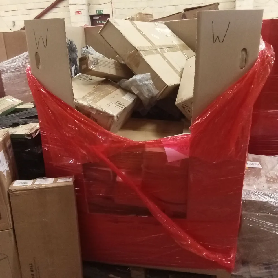 PALLET OF ASSORTED HOUSEHOLD GOODS AND PRODUCTS TO INCLUDE; PRESSURE WASHER, TRASH CAN, 5-TIER BOOKSHELF ETC