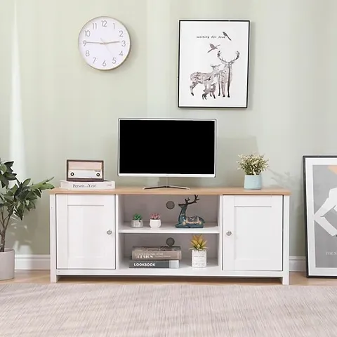 BOXED FURNITUREHMD LARGE TV UNIT 2 DOORS STORAGE CABINET STAND - WHITE/OAK (1 BOX)