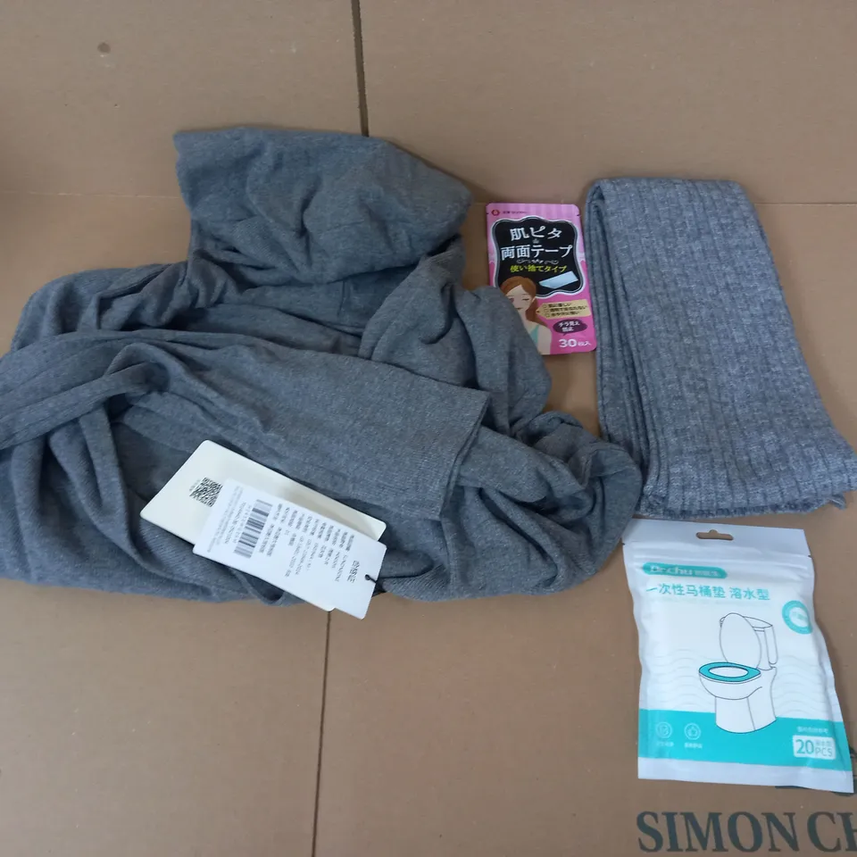 BOX OF APPROXIMATELY 8 ASSORTED ITEMS TO INCLUDE - SUNONEONE TOP , SCARF , DISPOSABLE TOILET SEAT ETC