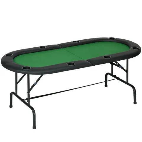 BOXED HOMCOM 8 PLAYER FOLDING POKER TABLE, OVAL PORTABLE BLACKJACK CASINO TABLE WITH CUP HOLDER, FELT TOP AND METAL BASE, 183 X 82 X 75CM, GREEN AND BLACK