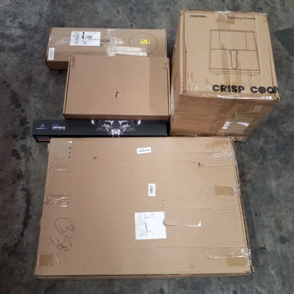 PALLET OF ASSORTED PRODUCTS INCLUDING AIR FRYER, GAMING MOUSE PAD, PUZZLE BOARD, EV CHARGER, ROUND BALLOON ARCH STAND