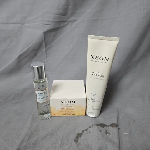 NEOM ORGANICS LONDON SET OF 3 - HAPPINESS SCENTED CANDLE 75G, UPLIFTING HAND BALM, CLEAN & HAPPY HAND SANITISER