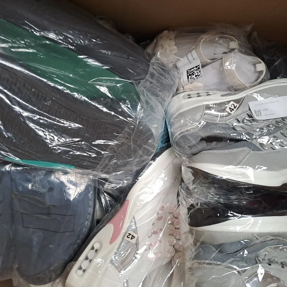 BOX OF APPROXIMATELY 15 ASSORTED PAIRS OF SHOES AND FOOTWEAR ITEMS IN VARIOUS STYLES AND SIZES TO INCLUDE SPORT, FOOTGLOVE, SHUANGFEI, ETC