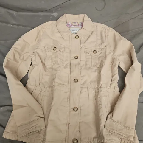HOLLISTER BEIGE JACKET, SIZE L, PINK PLAID LINING
