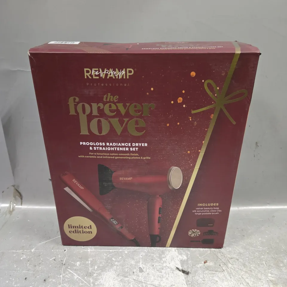 BOXED REVAMP PROFESSIONAL THE FOREVER LOVE PROGLOSS RADIANCE DRYER AND STRIGHTENER SET GSST200DR375-GB