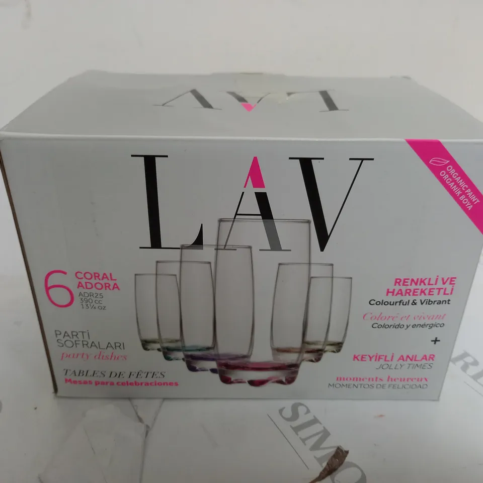 BOXED LAV 6 CORAL GLASSES IN VAROUS COLOURS