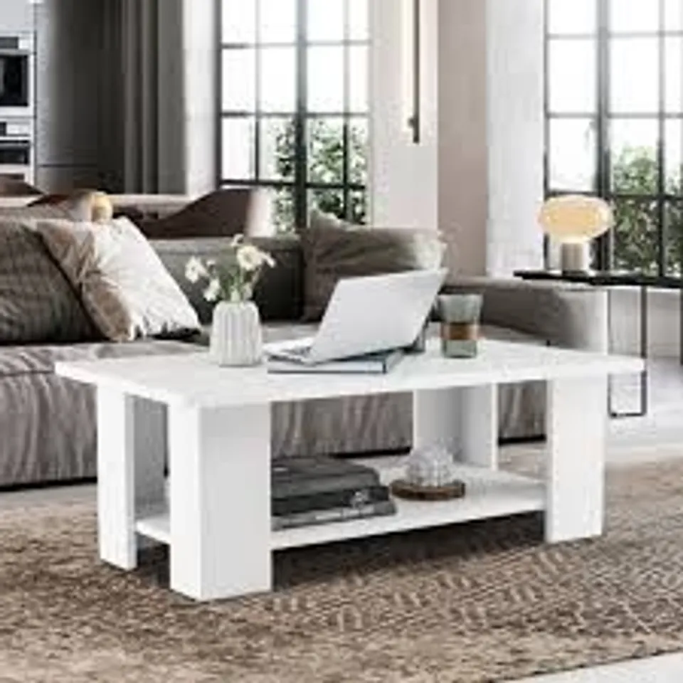 BOXED COSTWAY 2-TIER WOODEN COFFEE TABLE WITH STORAGE SHELF AND 5 SUPPORT LEGS - WHITE 