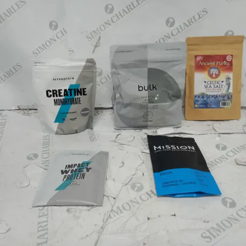 APPROXIMATELY 5 HEALTH SEEKING GOODS TO INCLUDE BULK WHEY PROTEIN, MISSION FOCUS YERBA TEA, AND CREATINE MONOHYDRATES ETC.