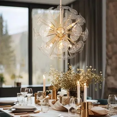 BOXED DANDELION 8-LIGHT GLASS GLOBE STARBURST SUNBURST CEILING LIGHT SPHERE SPUTNIK PENDANT (1 BOX)