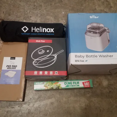 PALLET CONTAINING ASSORTED PRODUCTS INCLUDING PEE PAD HOLDER, WOK PAN, BABY BOTTLE WASHER, CLING FILM & HIGH COT ONE LONG