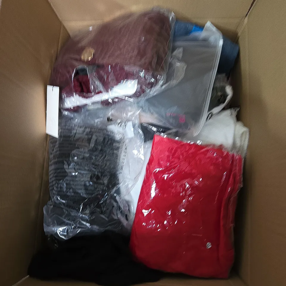 LARGE BOX OF ASSORTED CLOTHING ITEMS IN VARIOUS SIZES, STYLES AND COLOUR 