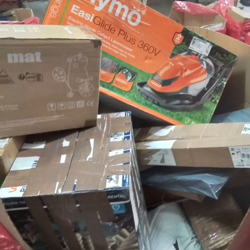 PALLET CONTAINING VARIOUS ASSORTED HOUSEHOLD ITEMS TO INCLUDE: MOSQUITO NETS, PLAYPENS, PLAYMAT, LAWN MOWER AND LOTS MORE UNMARKED BOXED ITEMS 