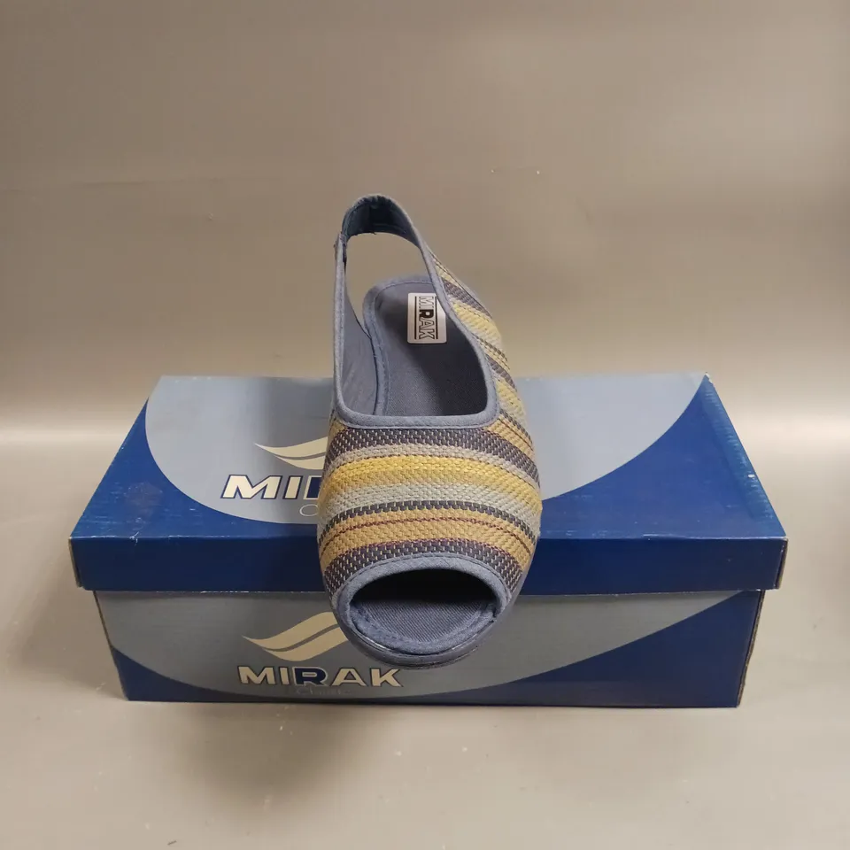 BOXED PAIR OF MIRAK CLASSIC CARLA OPEN TOE SHOES IN BLUE - 7.5