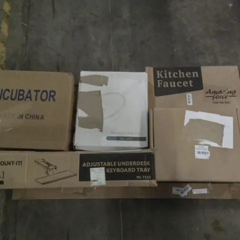 PALLET OF ASSORTED ITEMS INCLUDING KITCHEN FAUCET, ADJUSTABLE UNDERDESK KEYBOARD TRAY, NONSTICK WOK PAN, INCUBATOR, MATANA PHOTO STORAGE BOX, VIFLYKOO INSECT KILLER