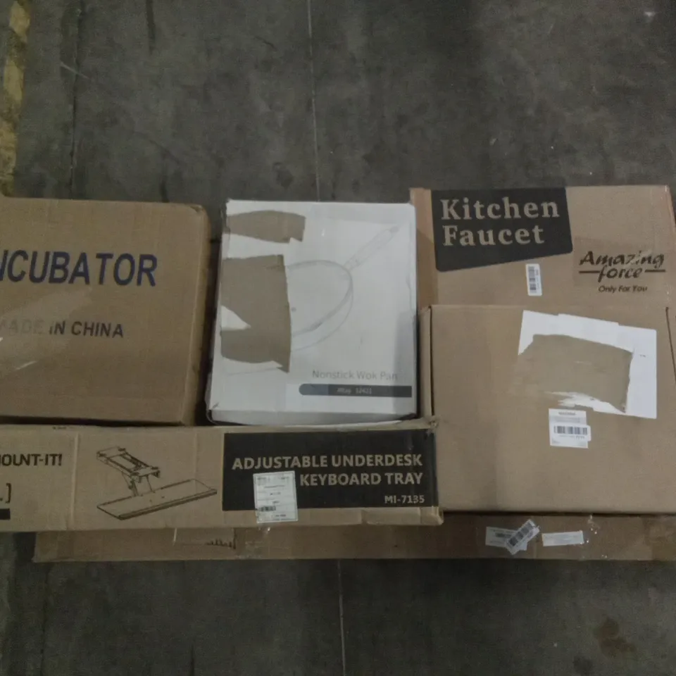 PALLET OF ASSORTED ITEMS INCLUDING KITCHEN FAUCET, ADJUSTABLE UNDERDESK KEYBOARD TRAY, NONSTICK WOK PAN, INCUBATOR, MATANA PHOTO STORAGE BOX, VIFLYKOO INSECT KILLER