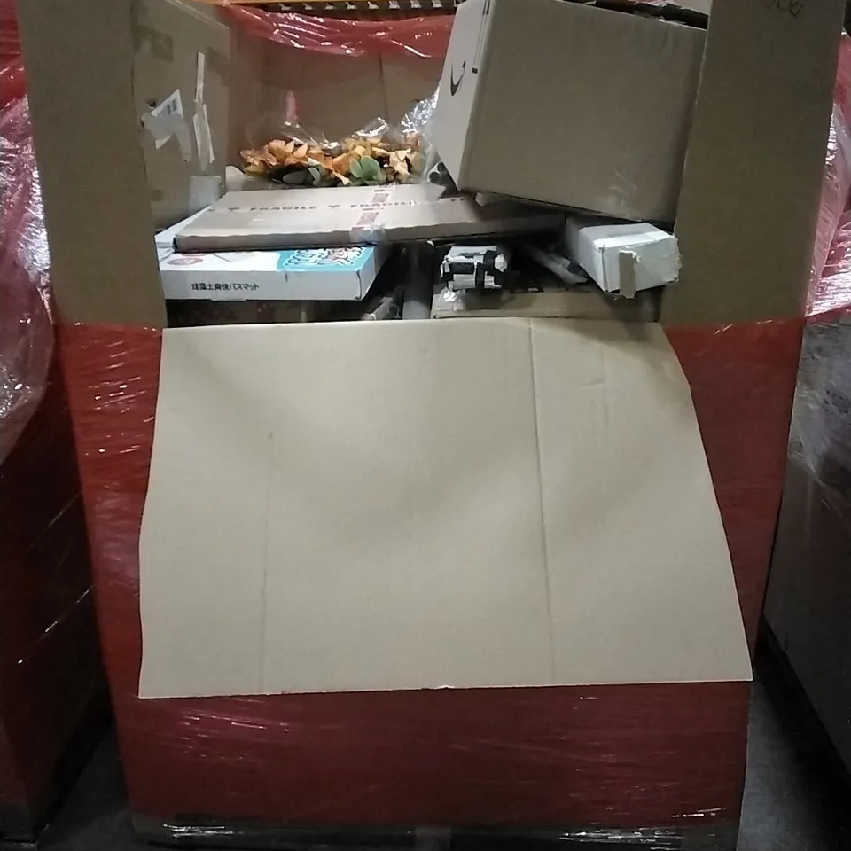 PALLET OF HOUSEHOLD ITEMS TO INCLUDE STAINLESS STEEL FAUCET,  PULL UP BAR, VIBRATION PLATE,  STAIR CARPET RODS AND OTHER ASSORTED ITEMS...