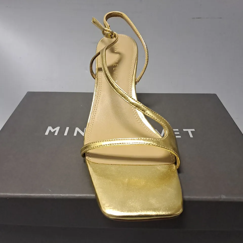 BOXED MINT VELVET GOLDEN OPEN TOE HIGH HEELS - UK 7 