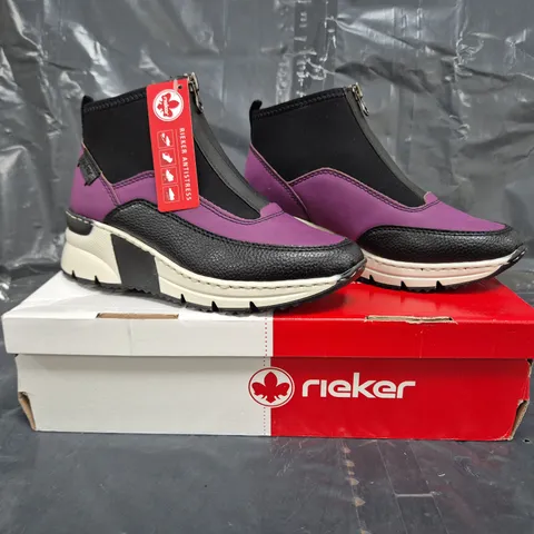 BOXED PAIR OF RIEKER HI-TOP TRAINERS IN PURPLE SIZE 3.5