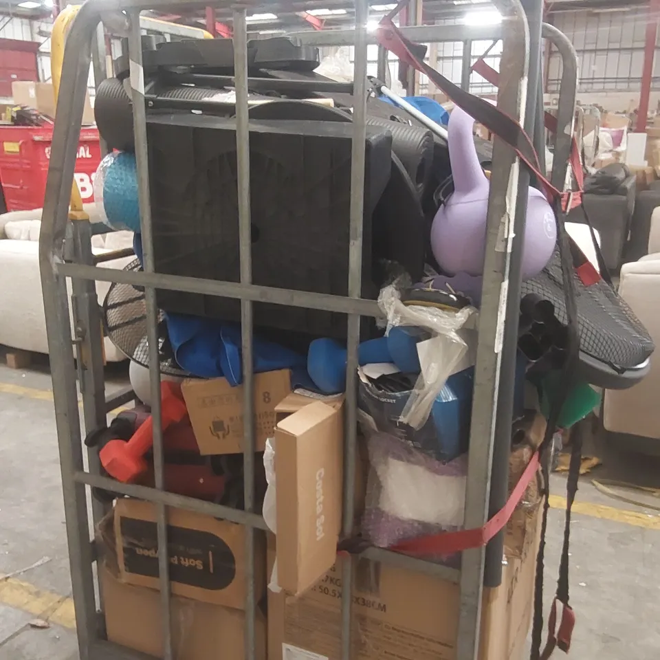 CAGE CONTAINING A LARGE QUANTITY OF ASSORTED ITEMS INCLUDING: AIRFRYER, KETTLE BELL WEIGHTS, BABY PLAYPEN, YOGA MAT, SUITCASE ECT // CAGE NOT INCLUDED