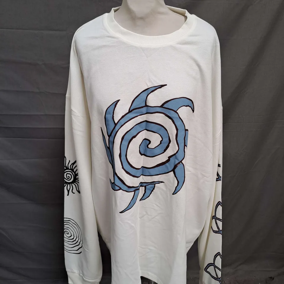 COLLUSION LONG SLEEVE SKATER FIT SPIRAL PRINT TSHIRT IN ECRU SIZE 2XL