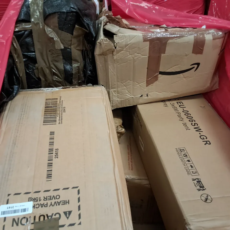 PALLET OF ASSORTED HOUSEHOLD ITEMS TO INCLUDE BOXED OFFICE CHAIR AND 3X6M PARTY TENT
