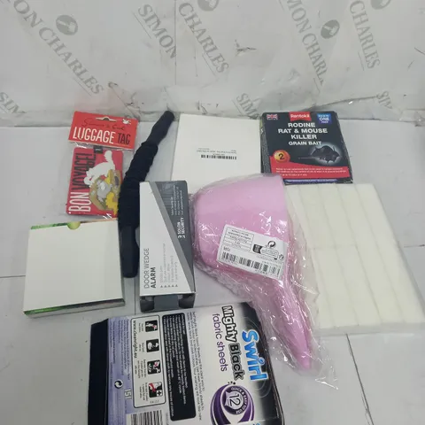 TOTE OF APPROX 20 ASSORTED HOUSEHOLD ITEMS TOO INCLUDE ALARMS , LUGGAGE TAGS , RAT AND MOUSE KILLER , ETC